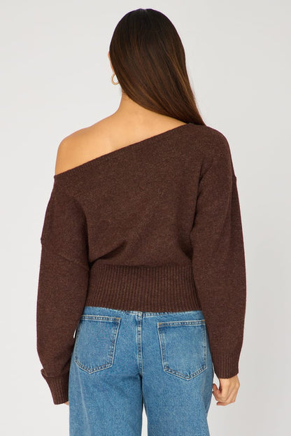 Brown Knit Top Off Shoulder Long Sleeve