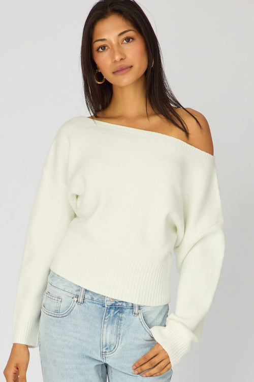White Knit Top Off Shoulder Long Sleeve