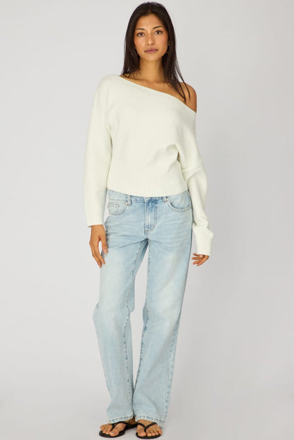 White Knit Top Off Shoulder Long Sleeve
