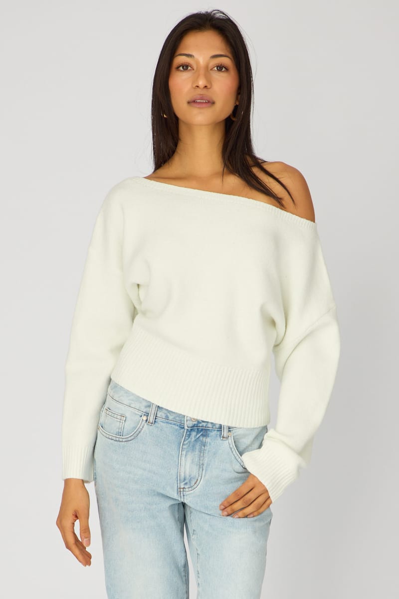 White Knit Top Off Shoulder Long Sleeve