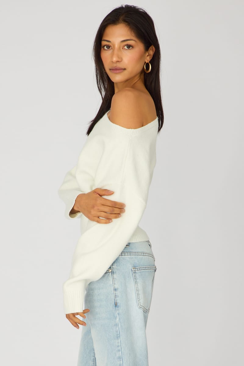 White Knit Top Off Shoulder Long Sleeve