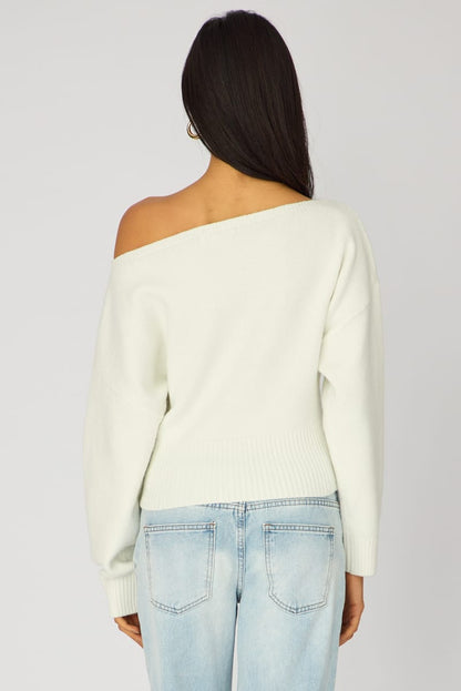 White Knit Top Off Shoulder Long Sleeve