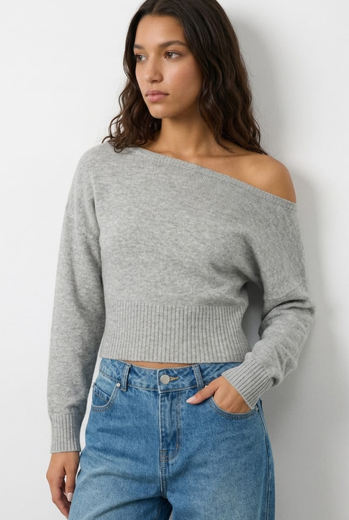 Grey Knit Top Off Shoulder Long Sleeve