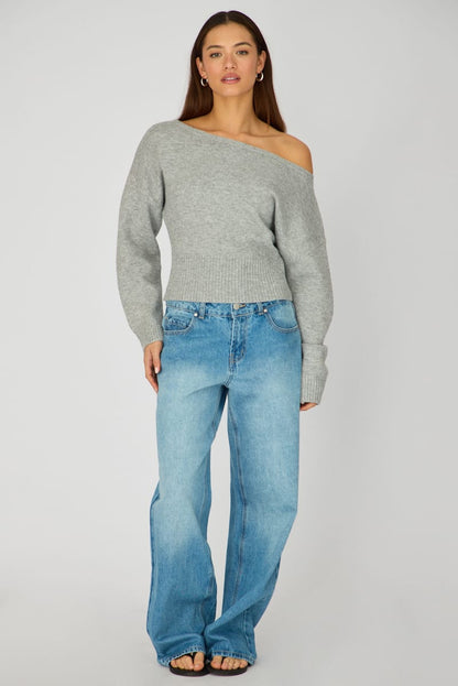 Grey Knit Top Off Shoulder Long Sleeve