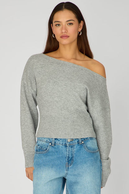 Grey Knit Top Off Shoulder Long Sleeve