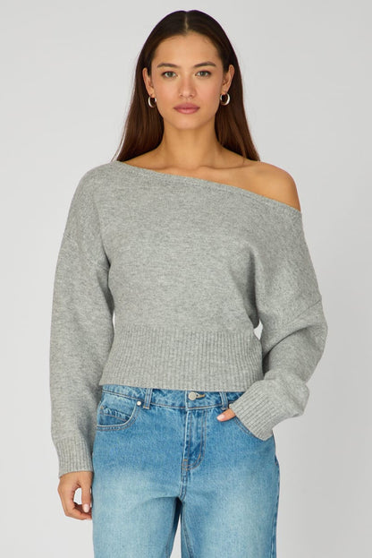 Grey Knit Top Off Shoulder Long Sleeve
