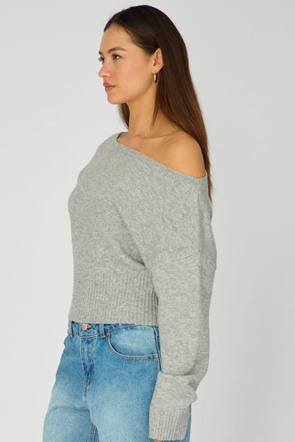Grey Knit Top Off Shoulder Long Sleeve