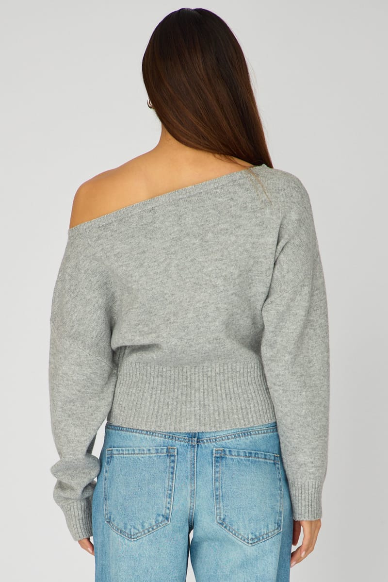 Grey Knit Top Off Shoulder Long Sleeve