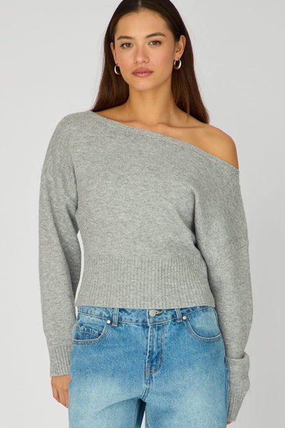 Grey Knit Top Off Shoulder Long Sleeve
