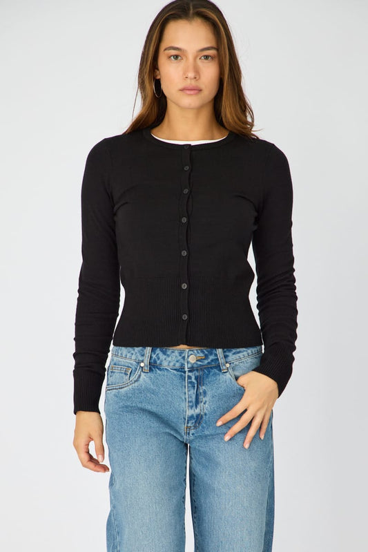 Black Fitted Cardigan Long Sleeve Crew Neck