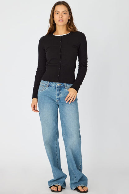Black Fitted Cardigan Long Sleeve Crew Neck