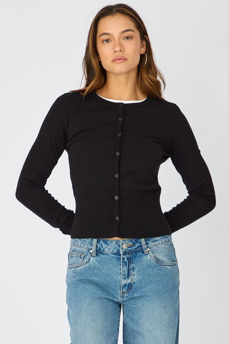 Black Fitted Cardigan Long Sleeve Crew Neck