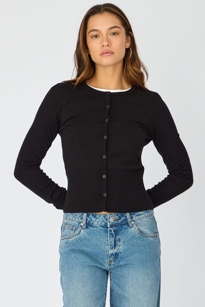 Black Fitted Cardigan Long Sleeve Crew Neck