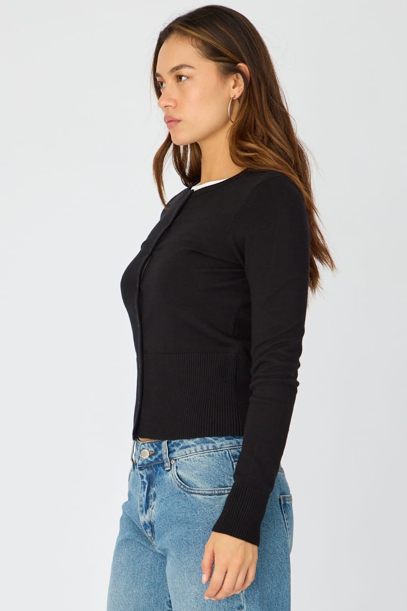 Black Fitted Cardigan Long Sleeve Crew Neck