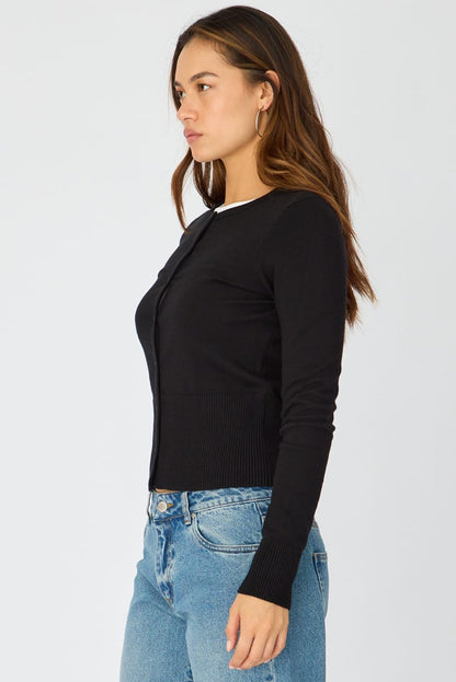 Black Fitted Cardigan Long Sleeve Crew Neck