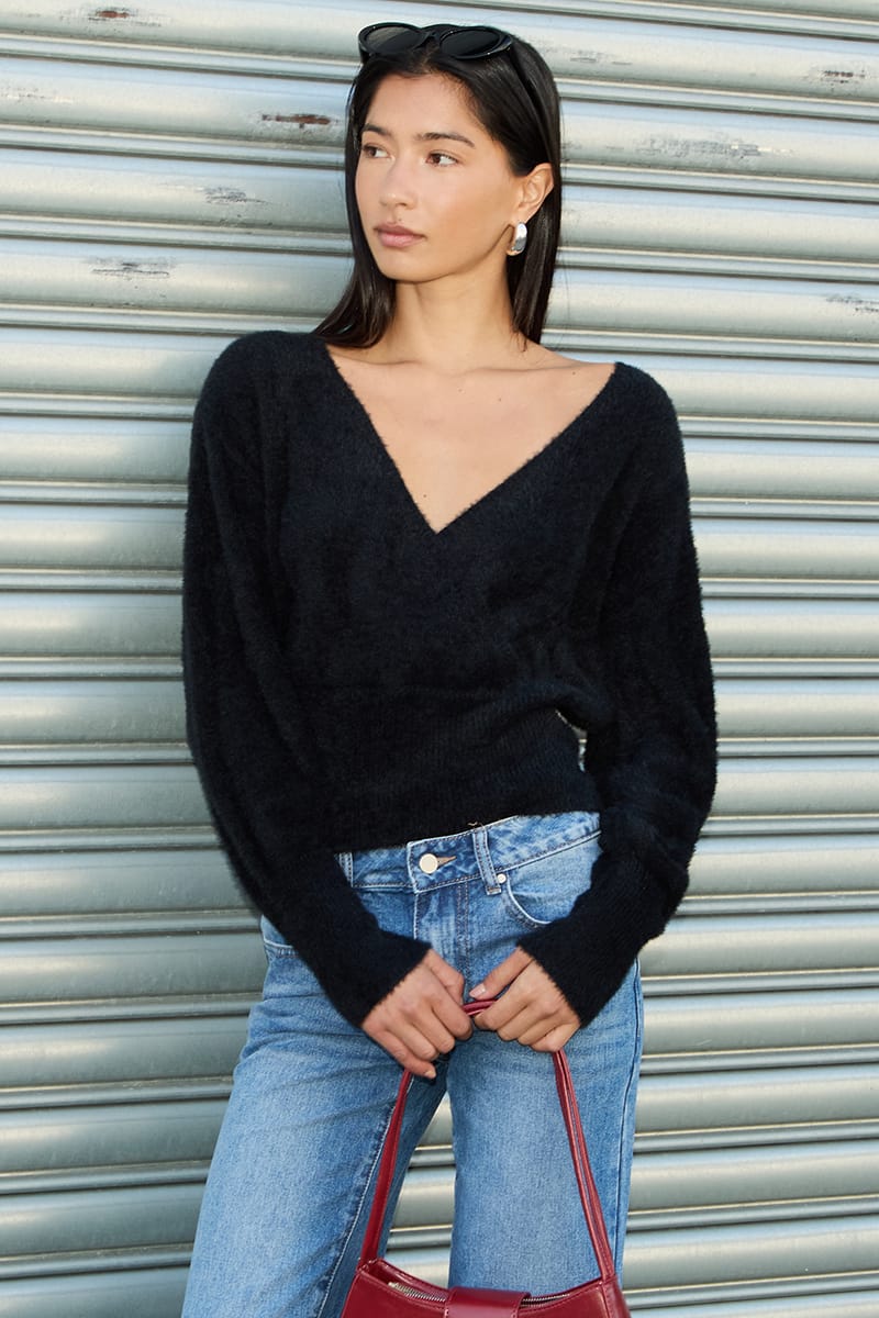 Black V-neck Wrap Knit Long Sleeve