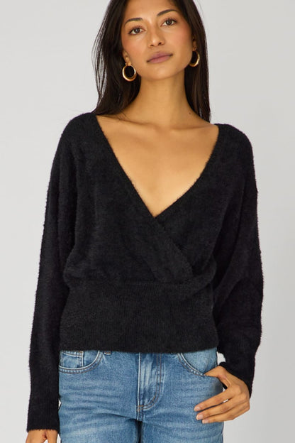 Black V-neck Wrap Knit Long Sleeve