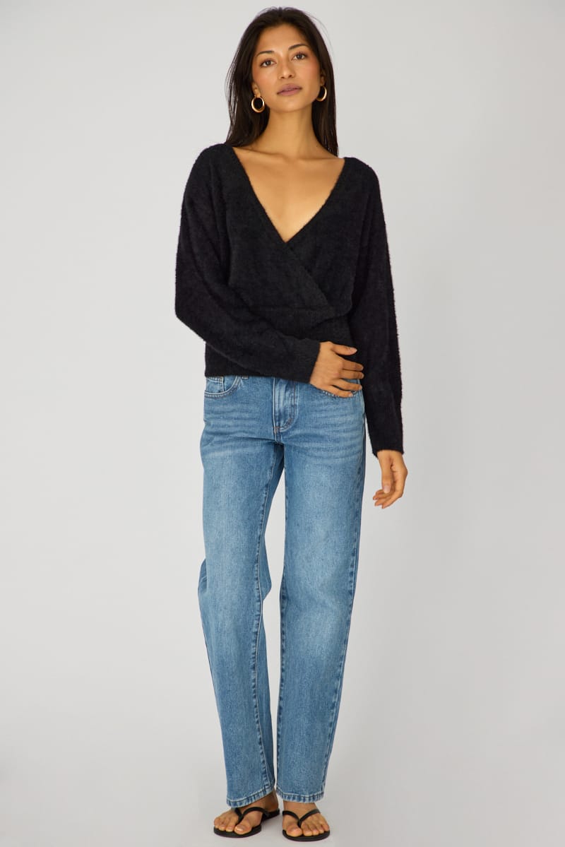 Black V-neck Wrap Knit Long Sleeve