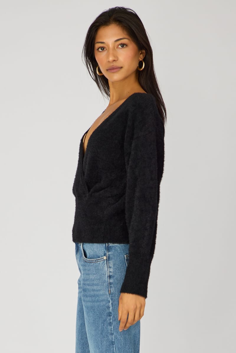 Black V-neck Wrap Knit Long Sleeve