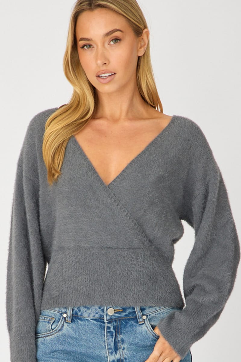 Grey V-neck Wrap Knit Long Sleeve