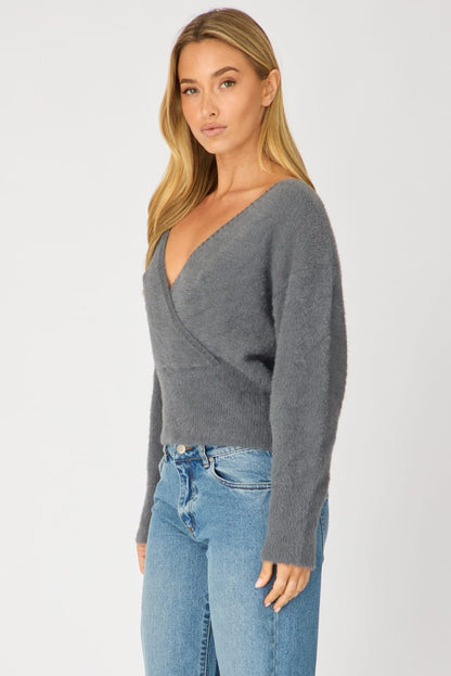 Grey V-neck Wrap Knit Long Sleeve