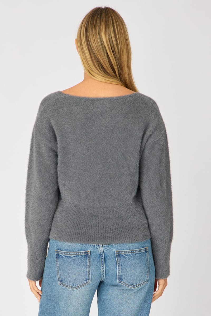 Grey V-neck Wrap Knit Long Sleeve