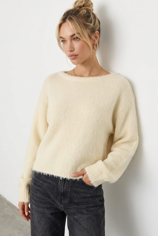 White Loose Long Sleeve Boat Neck Knit