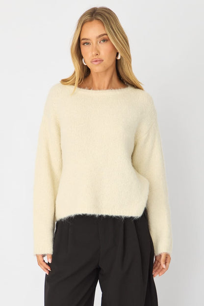 White Loose Long Sleeve Boat Neck Knit