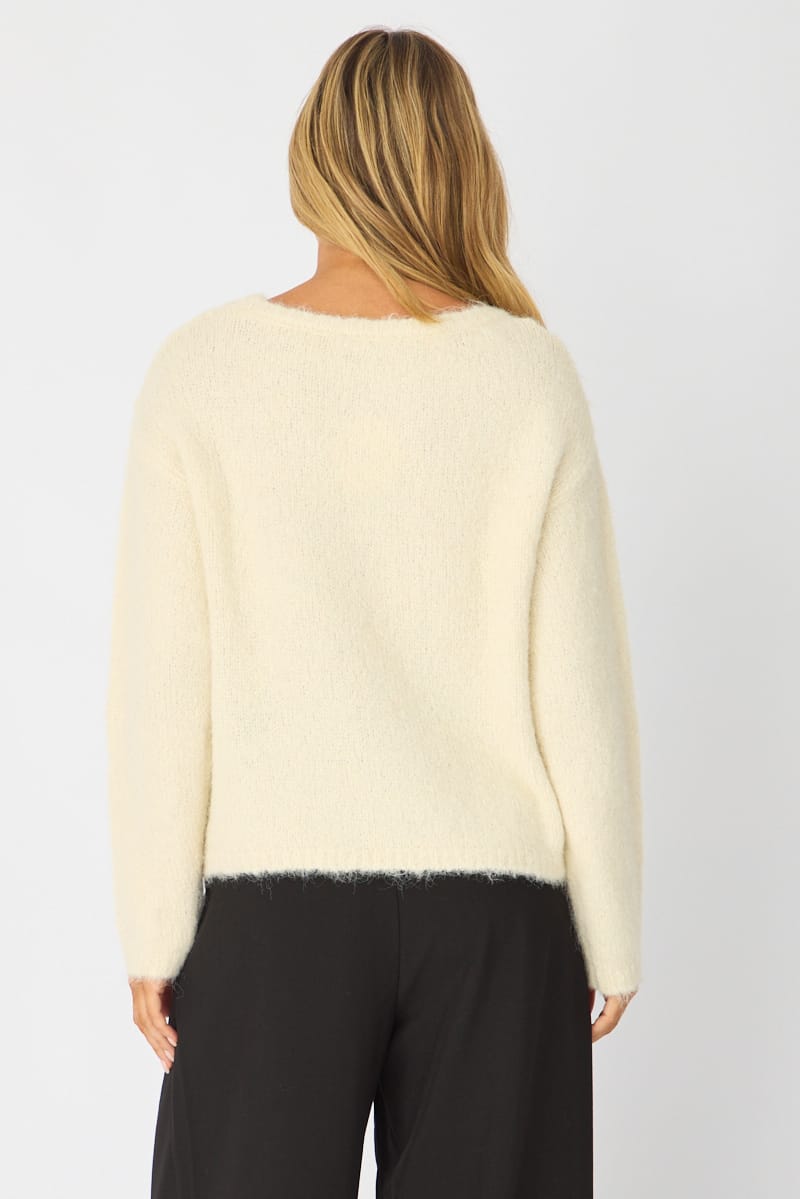 White Loose Long Sleeve Boat Neck Knit