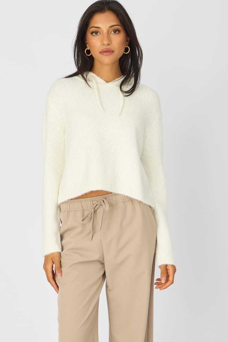 White Knit Hoodie Long Sleeve