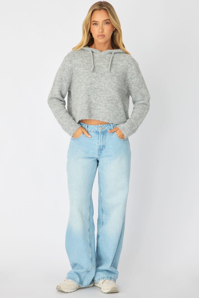 Grey Knit Hoodie Long Sleeve