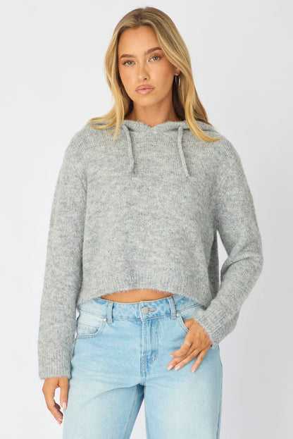 Grey Knit Hoodie Long Sleeve