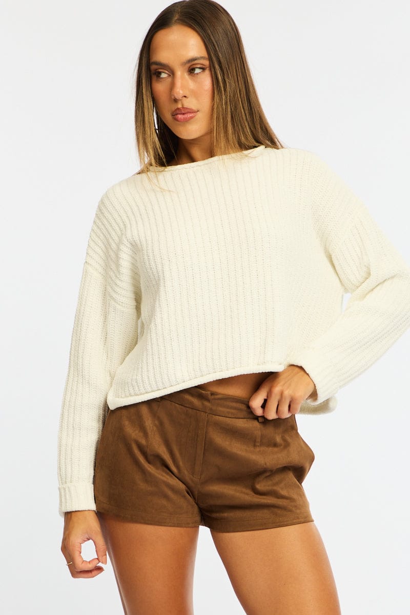 White Basic Knit Long Sleeve Boat Neck