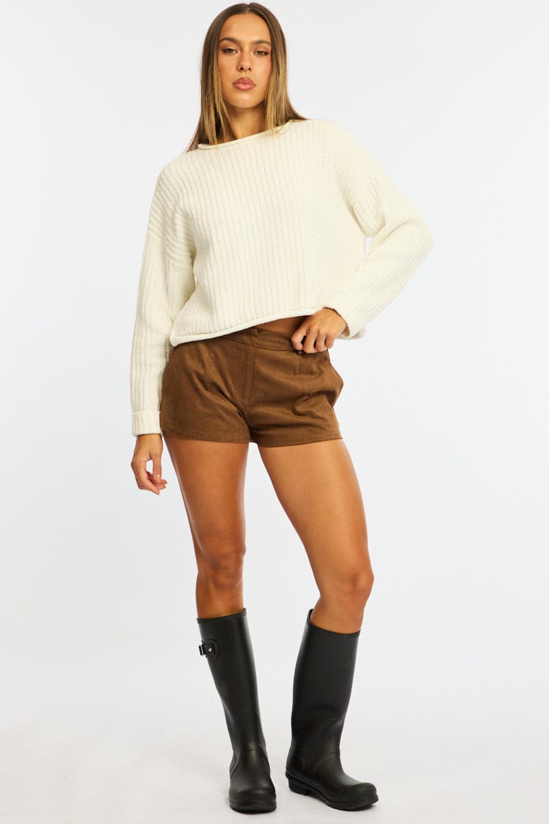 White Basic Knit Long Sleeve Boat Neck