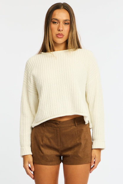 White Basic Knit Long Sleeve Boat Neck