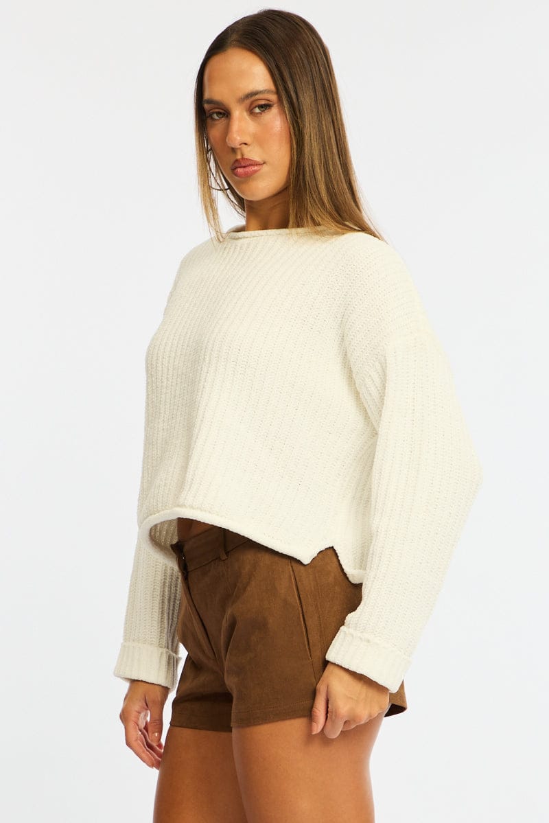 White Basic Knit Long Sleeve Boat Neck