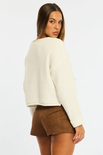 White Basic Knit Long Sleeve Boat Neck