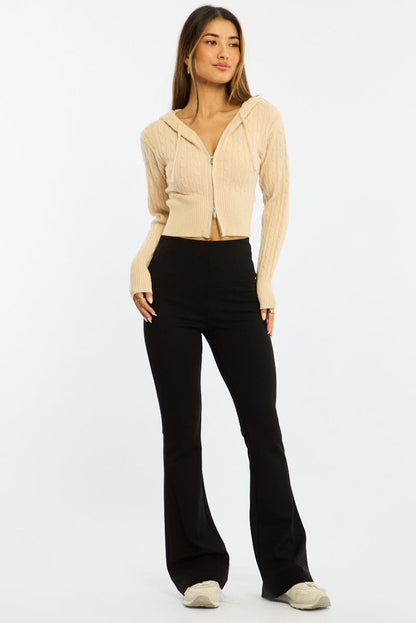 Beige Cable Knit Zip-up Hooded Cardigan