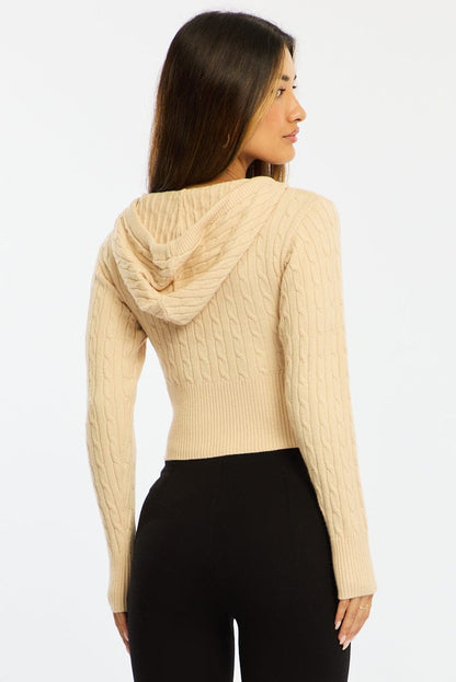 Beige Cable Knit Zip-up Hooded Cardigan