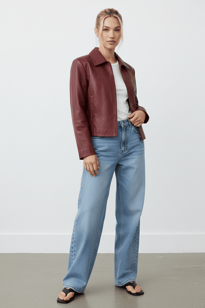 Red Faux Leather Jacket Long Sleeve