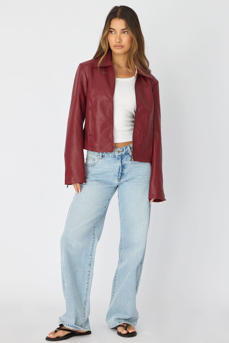 Red Faux Leather Jacket Long Sleeve