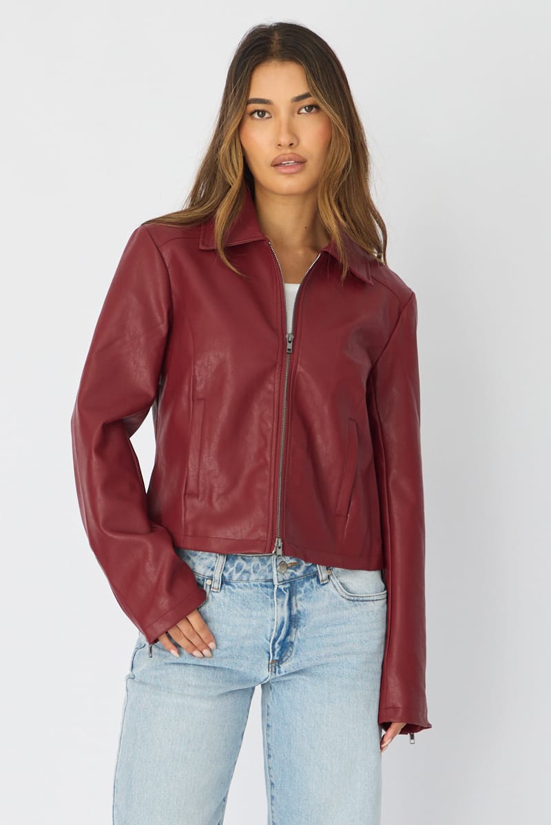 Red Faux Leather Jacket Long Sleeve