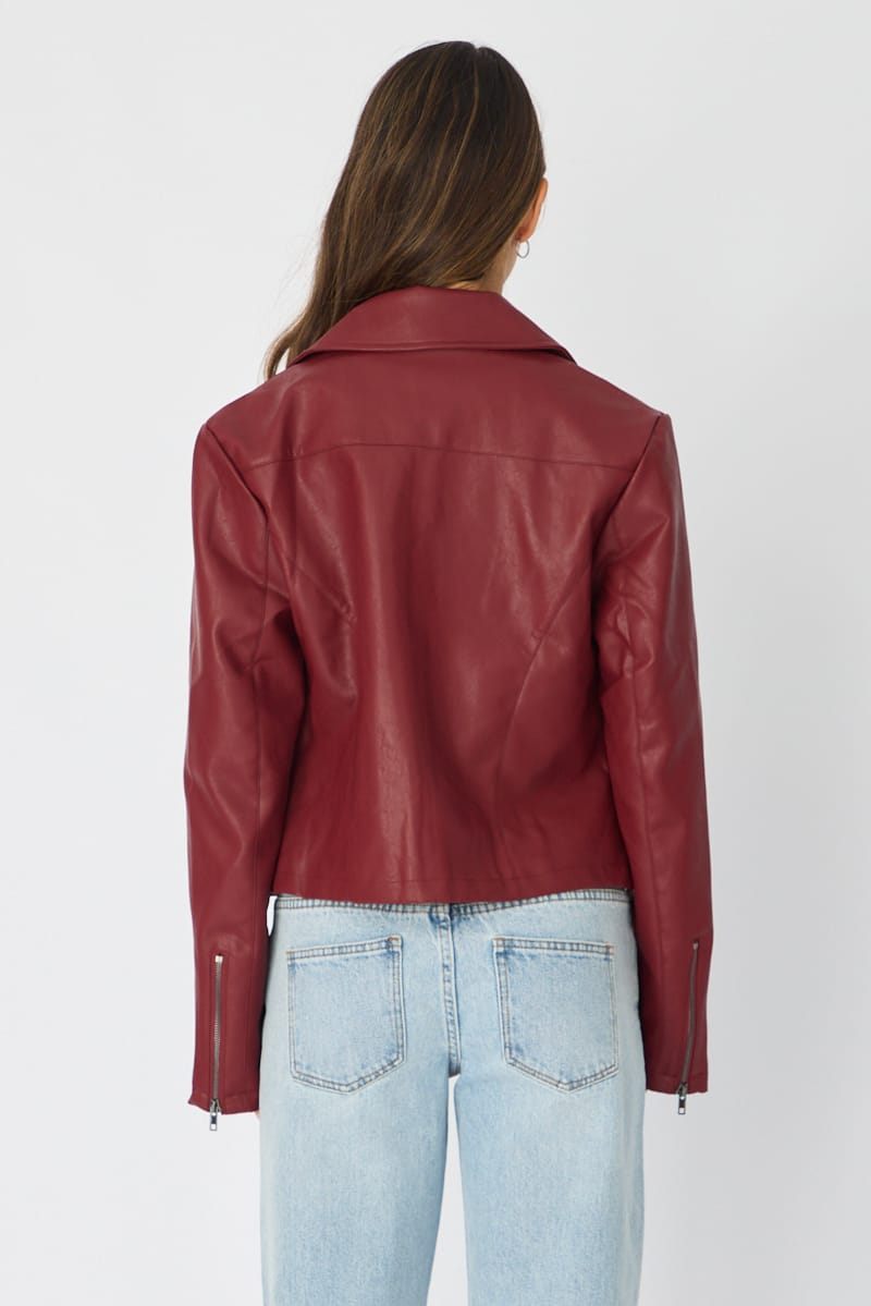 Red Faux Leather Jacket Long Sleeve