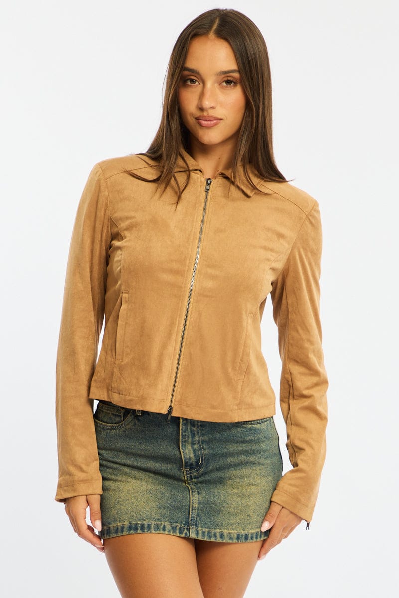 Beige Suede Jacket Long Sleeve