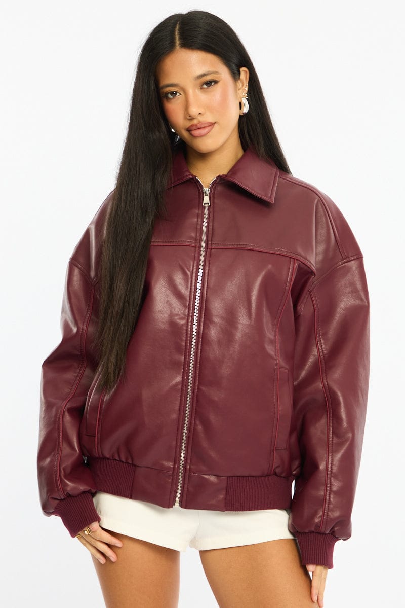 Red Bomber Jacket Faux Leather