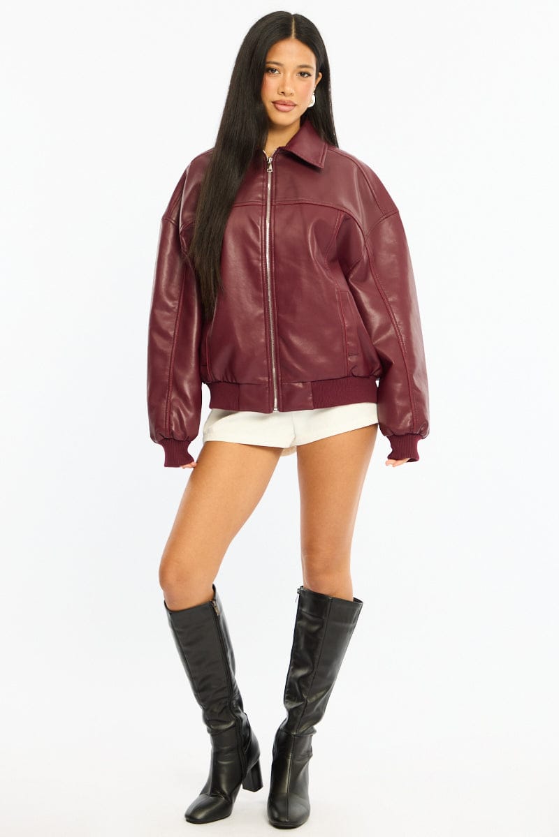 Red Bomber Jacket Faux Leather