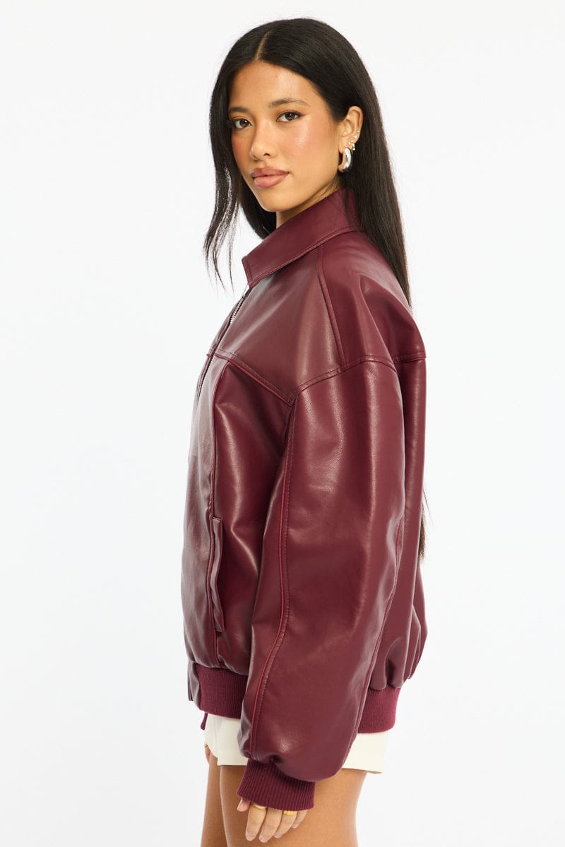 Red Bomber Jacket Faux Leather