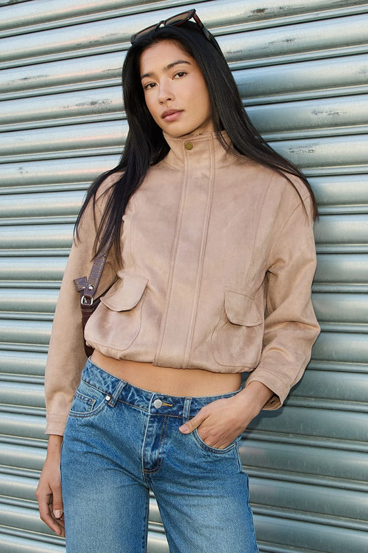 Beige Bomber Jacket Suede