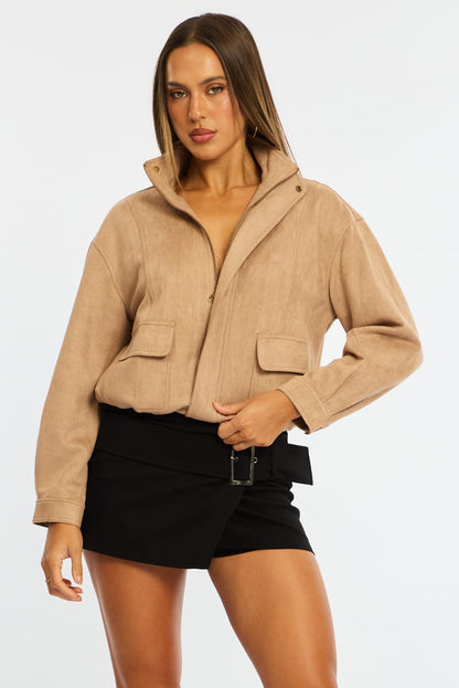 Beige Bomber Jacket Suede