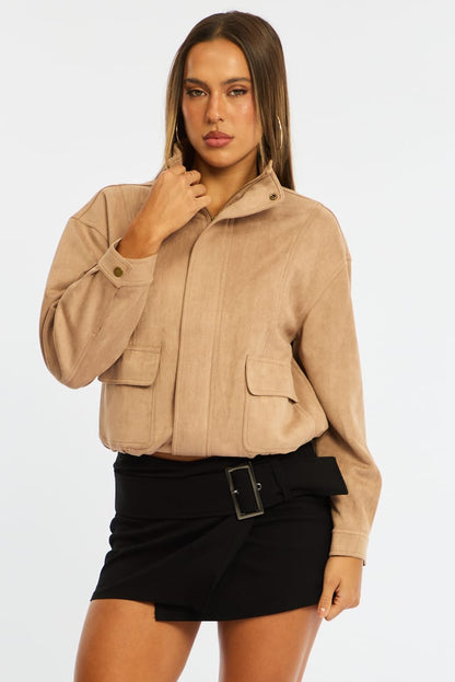 Beige Bomber Jacket Suede